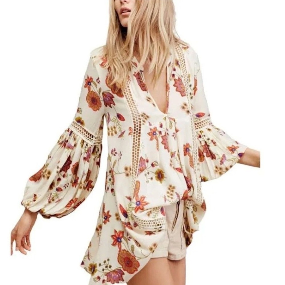 Free People Just The Two Of Us Tunic Dress XS Ivory Floral Boho Crochet Relaxed - Picture 2 of 15